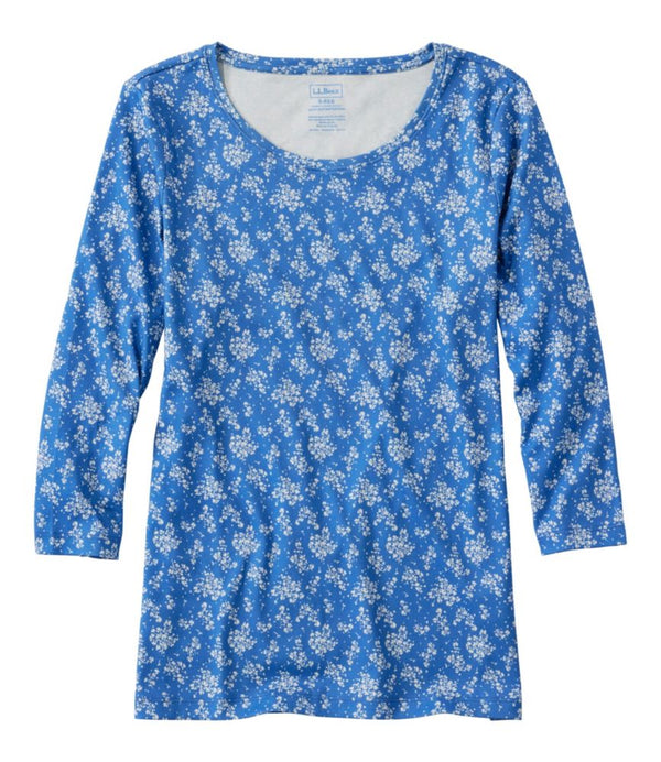 Women's Pima Cotton Shaped Jewelneck Tee, Three-Quarter-Sleeve Print
