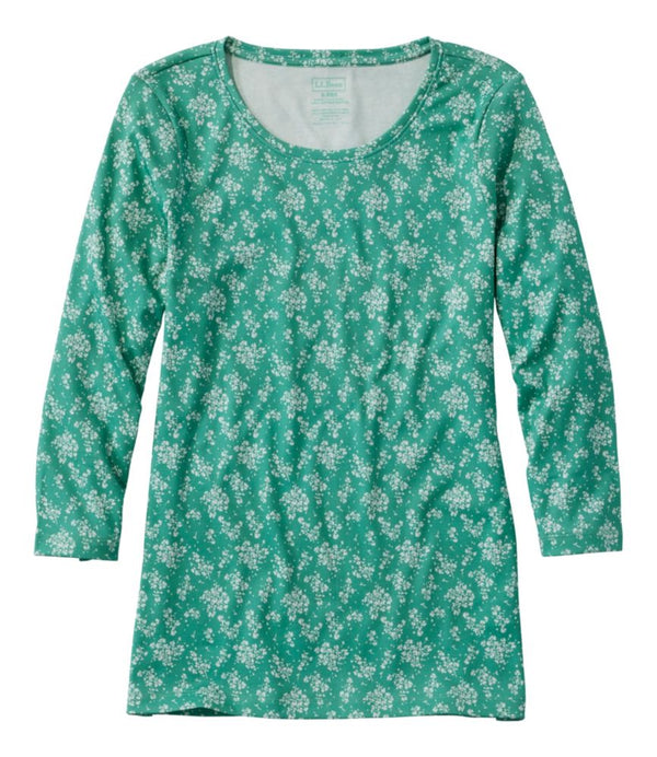 Women's Pima Cotton Shaped Jewelneck Tee, Three-Quarter-Sleeve Print