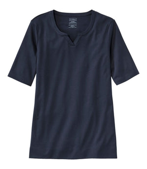 Women's Pima Cotton Tee, Notch-Neck Elbow-Sleeve Tunic