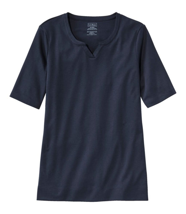 Women's Pima Cotton Tee, Notch-Neck Elbow-Sleeve Tunic