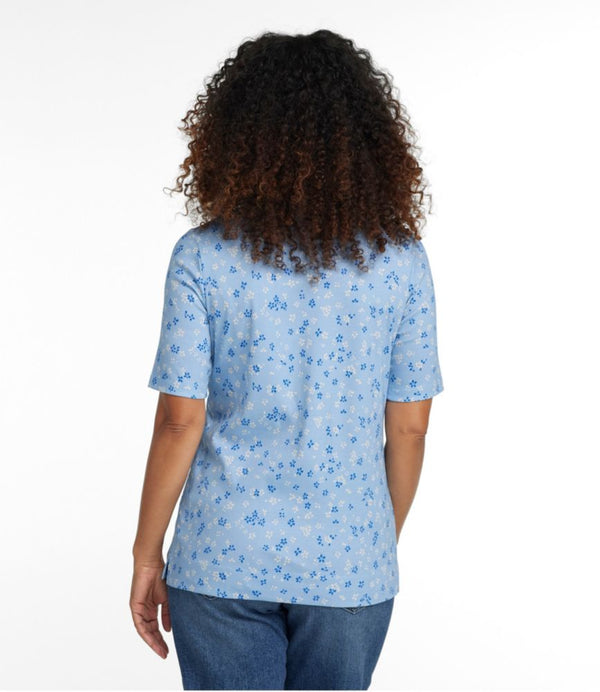 Women's Pima Cotton Tee, Notch-Neck Elbow-Sleeve Tunic Print