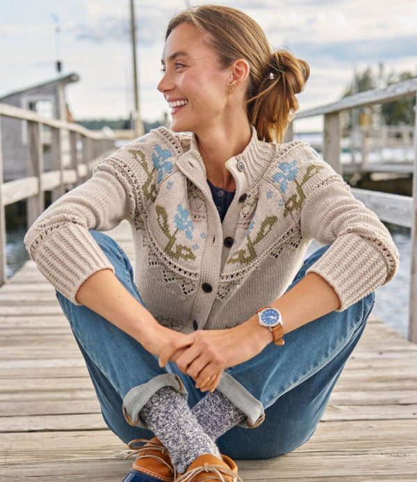 Women's Signature Cotton Fisherman Sweater, Short Cardigan Fair Isle