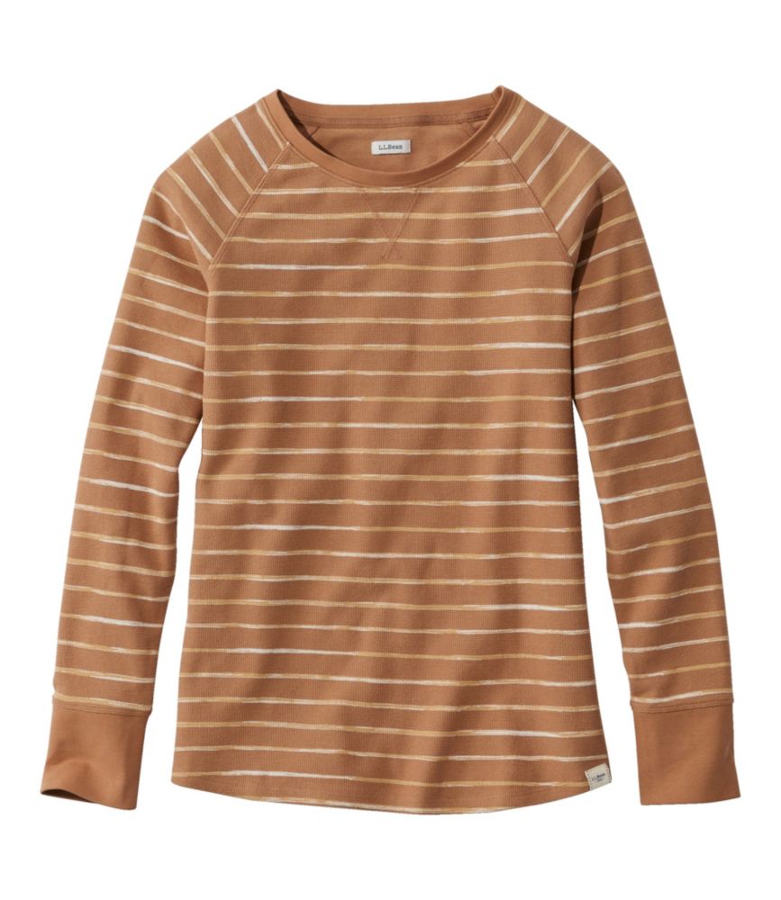 Women's Unshrinkable Mini-Waffle Tee, Long-Sleeve Crewneck Stripe
