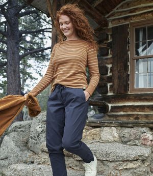 Women's Unshrinkable Mini-Waffle Tee, Long-Sleeve Crewneck Stripe