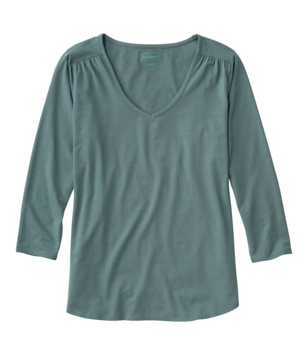 Women's Soft Stretch Supima-Blend Tee, Three-Quarter-Sleeve V-Neck