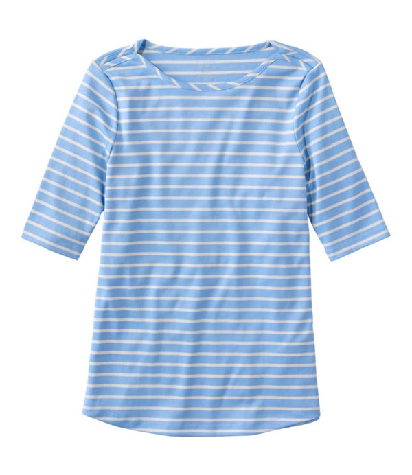 Women's Pima Cotton Tee, Elbow-Sleeve Boatneck Stripe