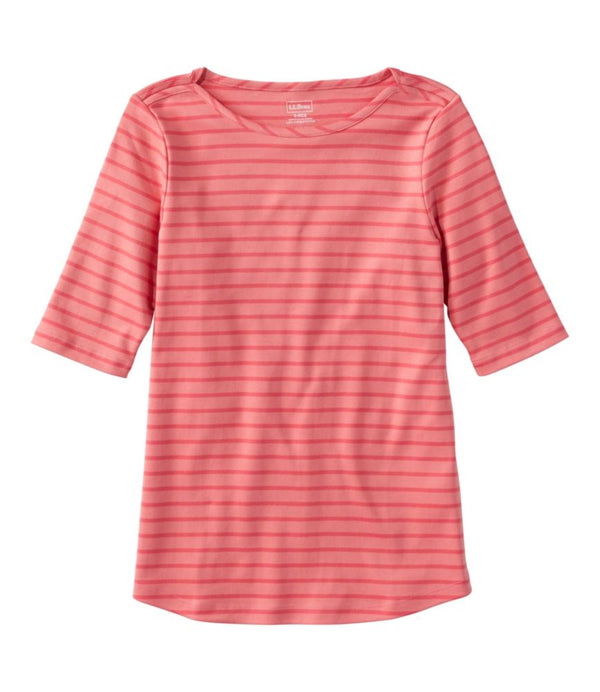 Women's Pima Cotton Tee, Elbow-Sleeve Boatneck Stripe