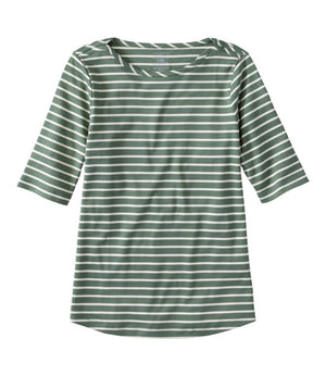 Women's Pima Cotton Tee, Elbow-Sleeve Boatneck Stripe