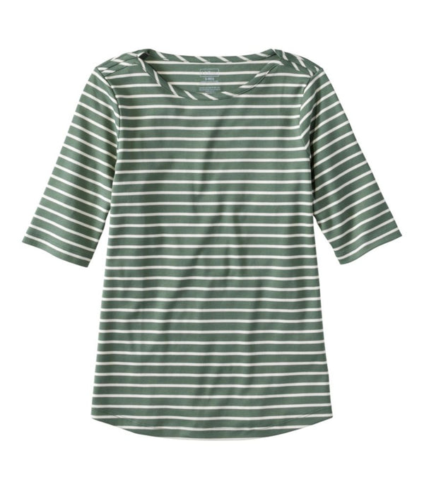Women's Pima Cotton Tee, Elbow-Sleeve Boatneck Stripe
